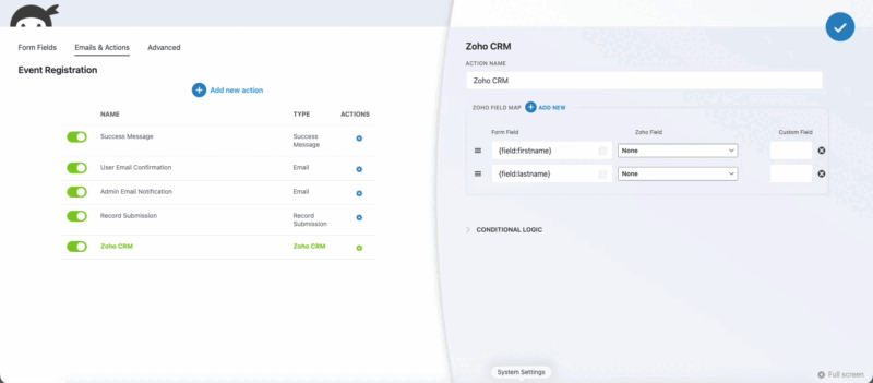 Ninja Forms builder showing Add to Zoho CRM action with module selection dropdown listing Contacts, Leads, Accounts, Potentials, Notes, and Tasks