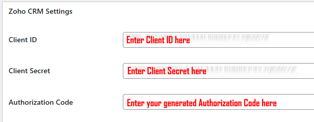 Ninja Forms Zoho CRM settings screen showing Client ID, Client Secret, and Authorization Code fields for OAuth 2.0 setup
