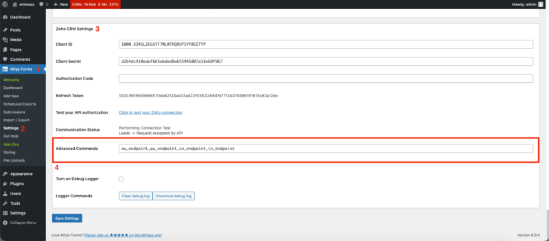 Advanced Commands field in Ninja Forms Zoho CRM settings showing eu_endpoint command entered for EU regional support
