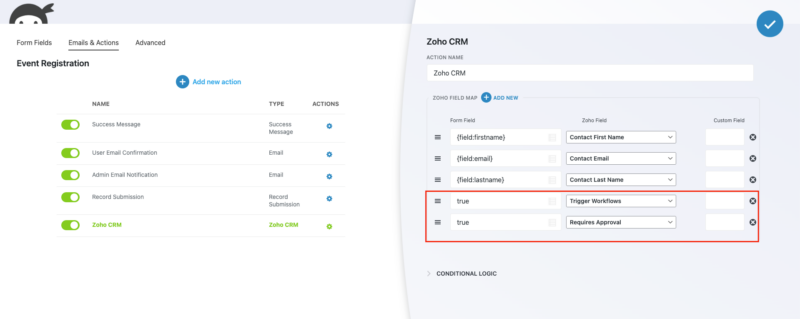 Ninja Forms Zoho CRM action settings panel showing workflow trigger and approval configuration options